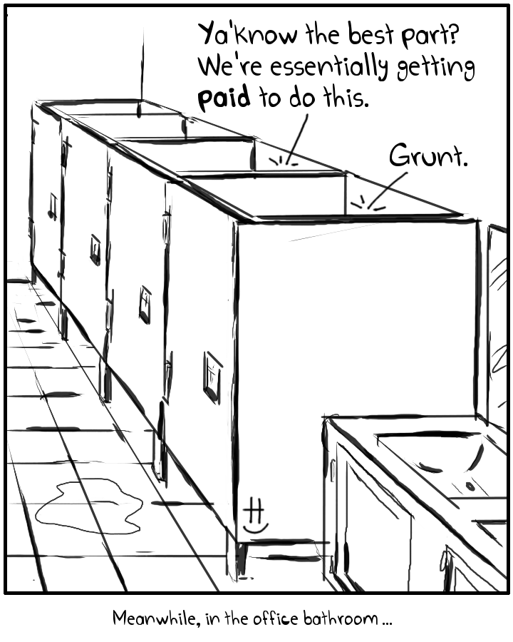 timecard clock in bathroom payday corporate employee comic