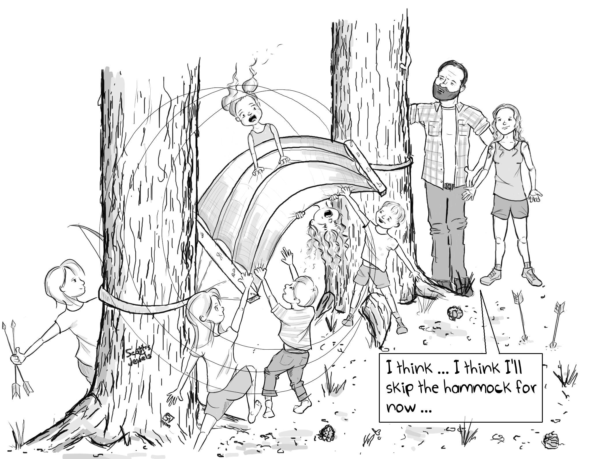 camping roughing it bag packing wilderness tents hammocks kids parenting family comic