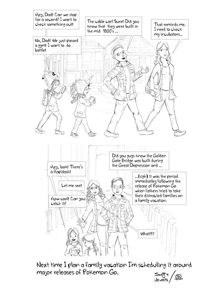 Pokémon Go Traveling Gyms Pikachu San Francisco Golden Gate Bridge Cable Cars Family Vacation Parenting Fail Family Kids Comic