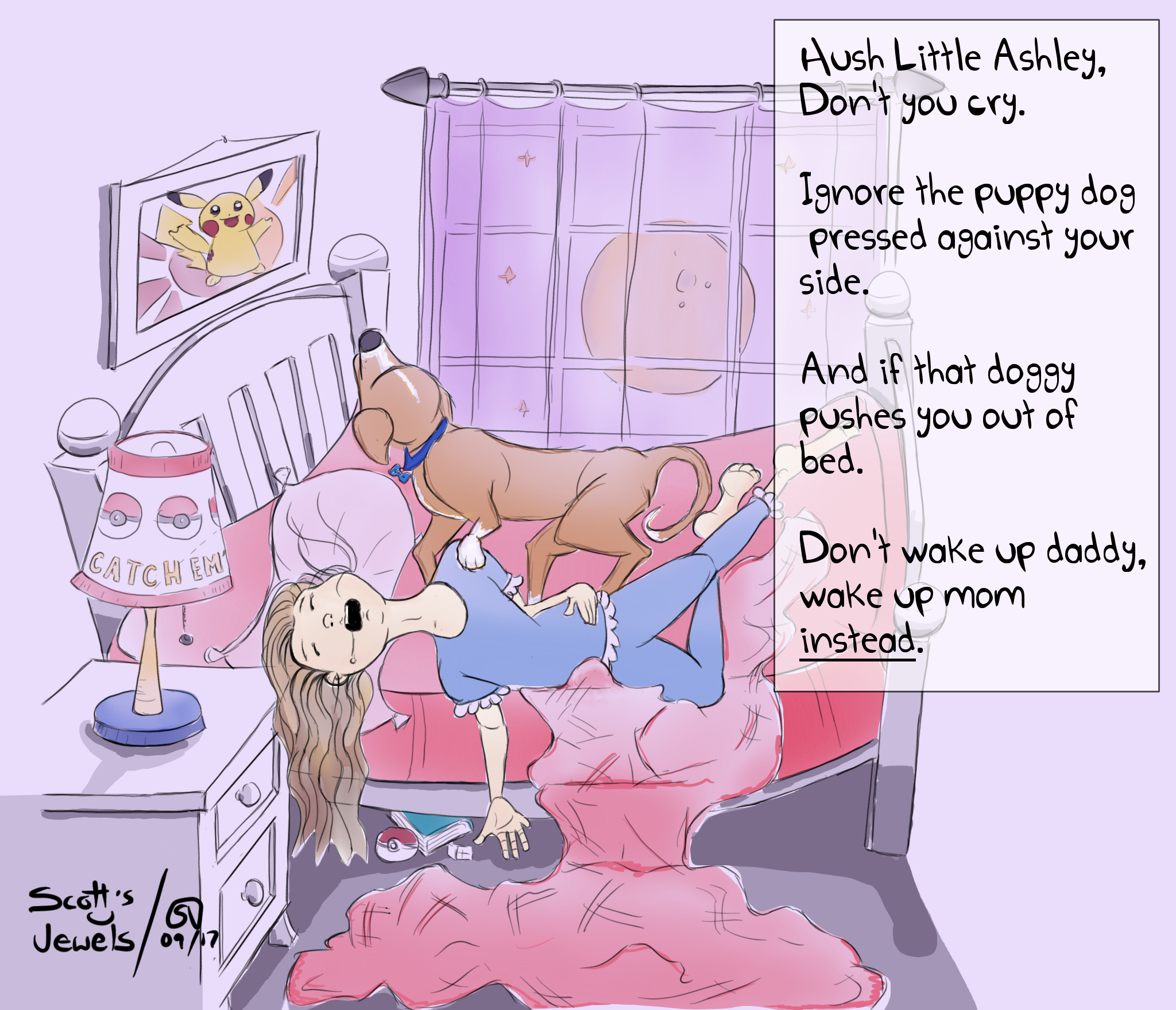 lullaby bedtime bedroom sleepy tucking into bed daughter sleeping with pets dog lover parenting fail comic