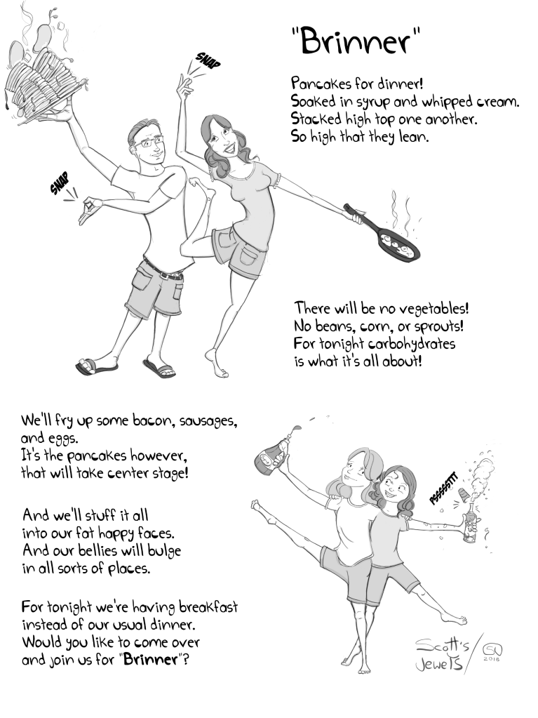 breakfast for dinner brinner pancakes reddi whip syrup family kids food lover comic poetry