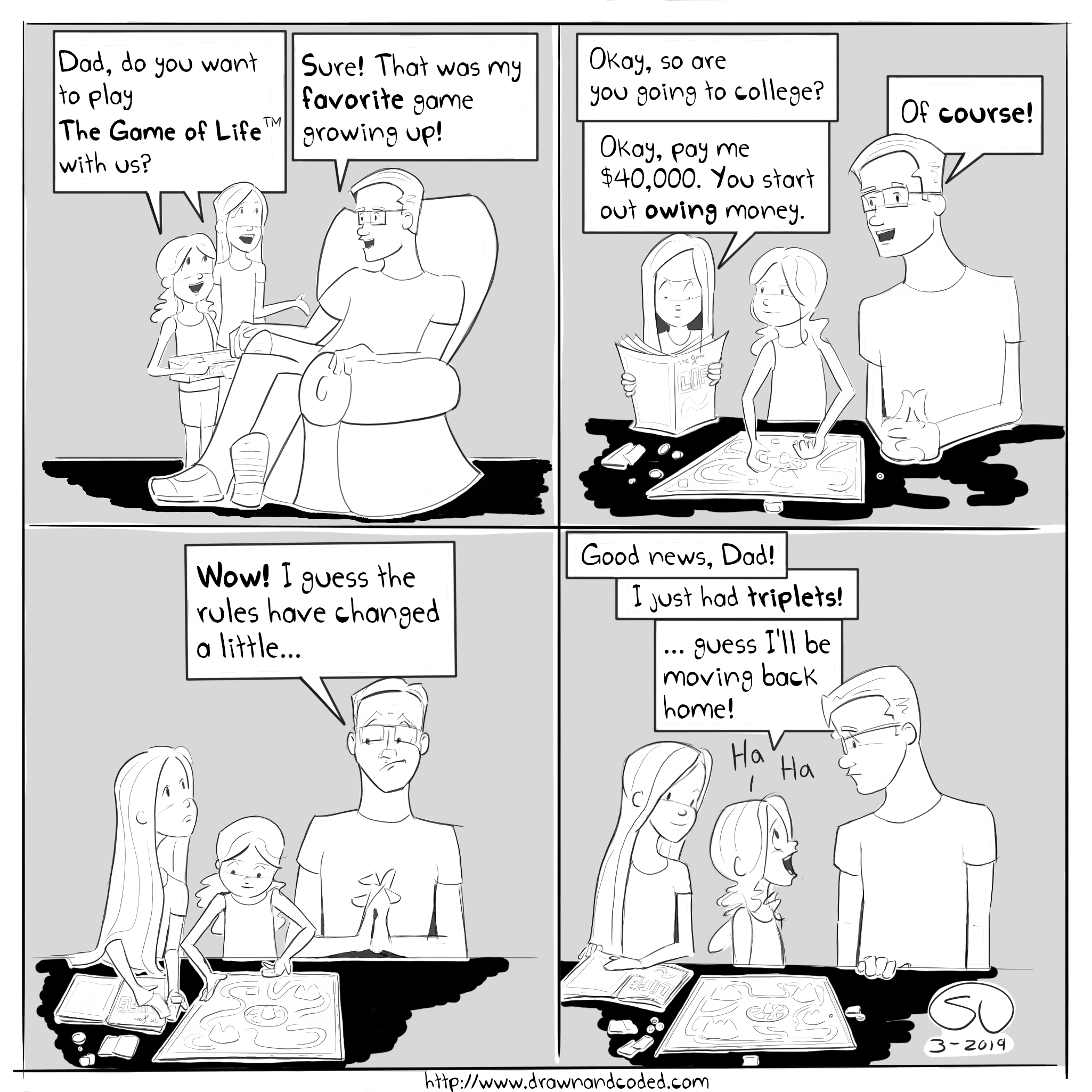 the game of life board games twins triplets college tuition student university loans parenting family comic