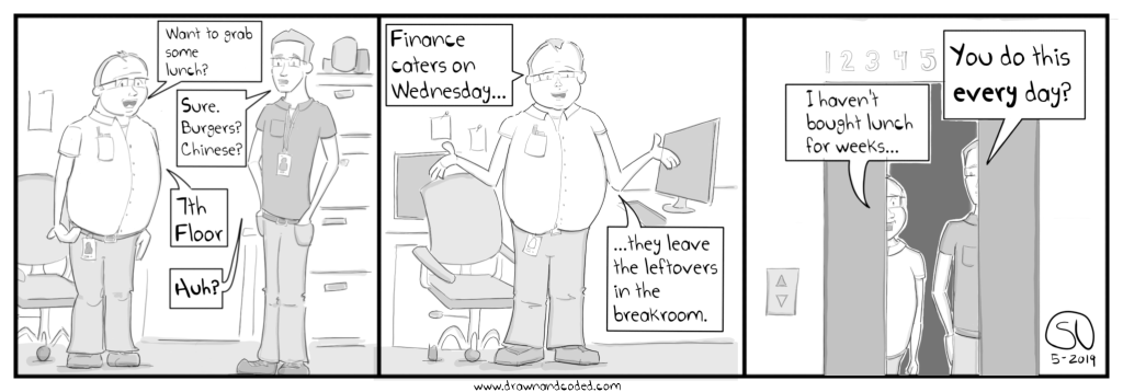 free lunch leftovers breakroom coworker freebie work brownbag comic