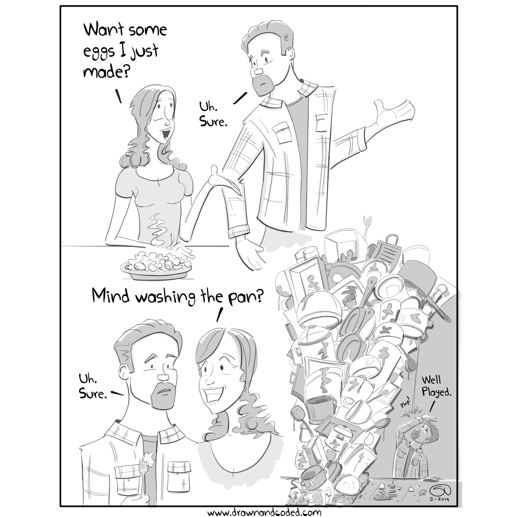 dirty dishes chores housework scrambled eggs parenting home life kitchen sink plumbing kids comic