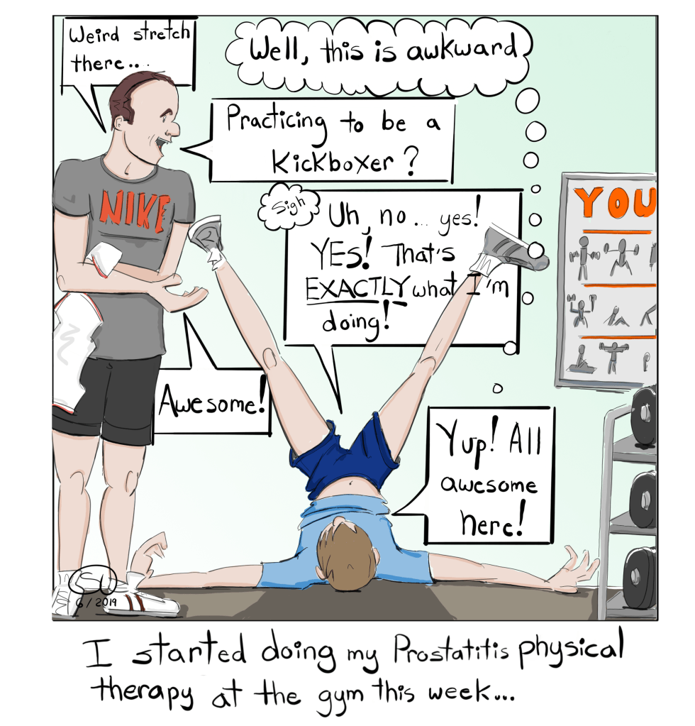 prostatitis prostate chronic pelvic pain syndrome cpps Ciprofloxacin Doxycycline bactrim tamsulosin chronic pain yoga physical therapy stretching comic