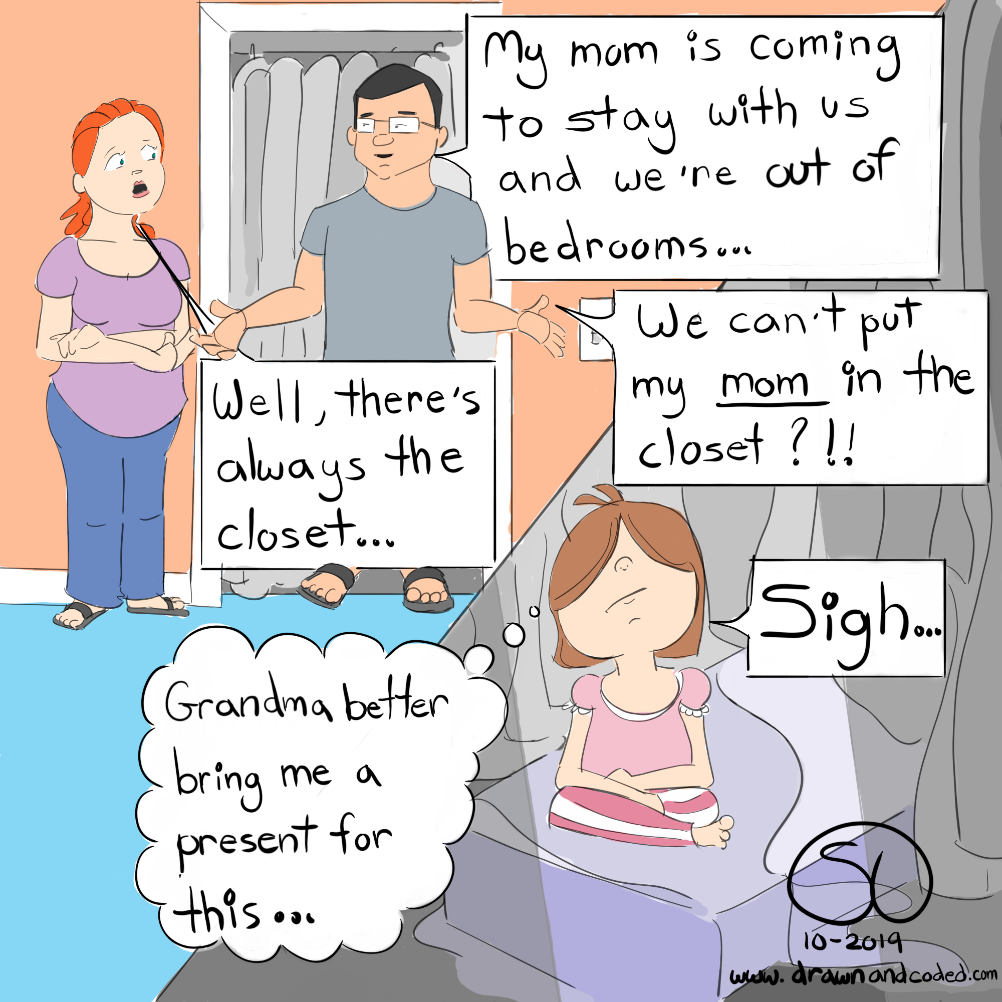 house guest mother-in-law tight quarters closet kids parenting fail raising kids comic