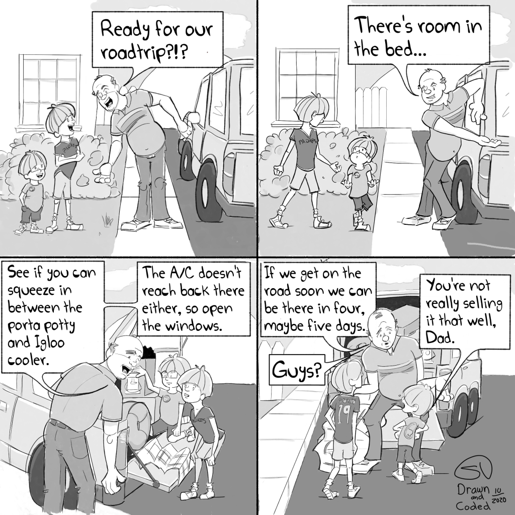 road trip parenting fail family 80s yellowstone traveling with kids camping adventure nature flashback comic