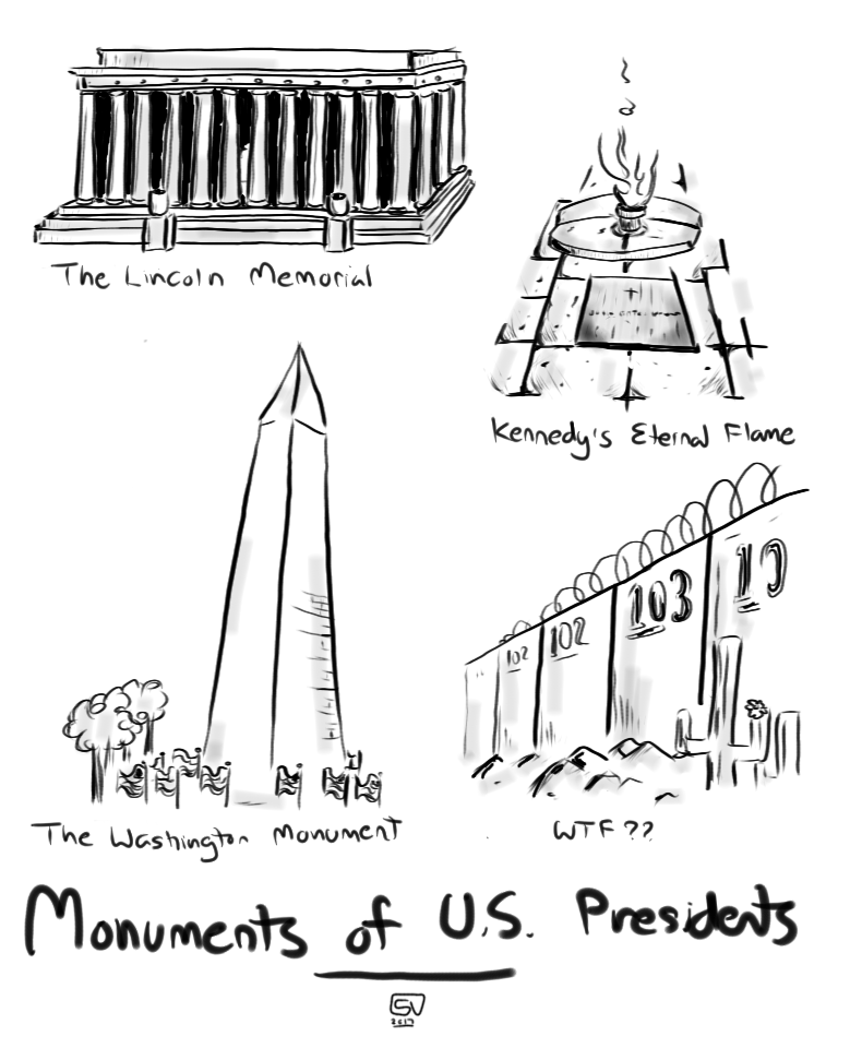 Political Cartoon Trump's Border Wall Lincoln Memorial Kennedy's Eternal Flame Washington's Monument